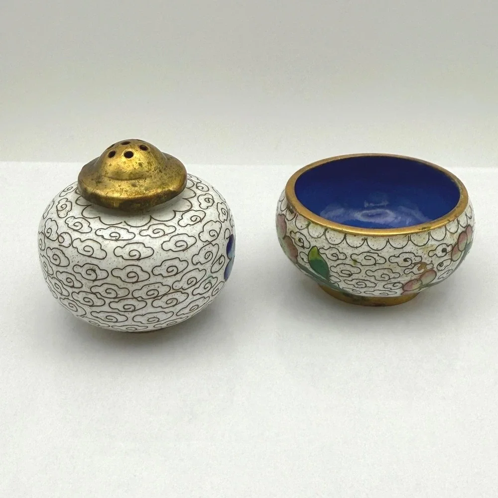 Vintage Chinese Cloisonne Enamel Salt Cellar Pepper Shaker Set Floral Gold